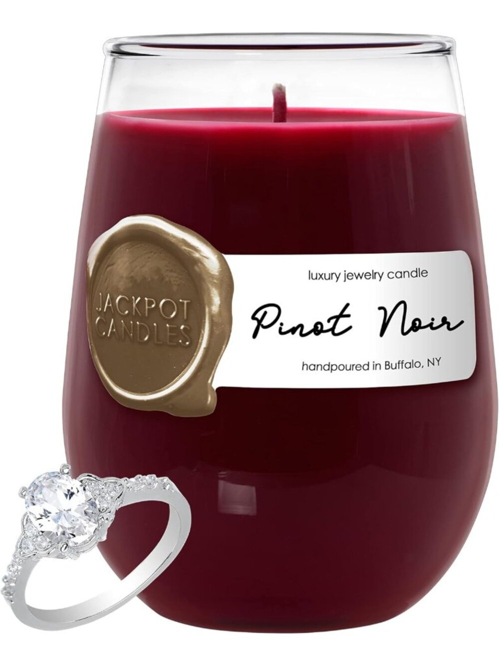 Pinot Noir Wine Glass Candle with Surprise Jewelry Ring Inside - Size 7 Gift